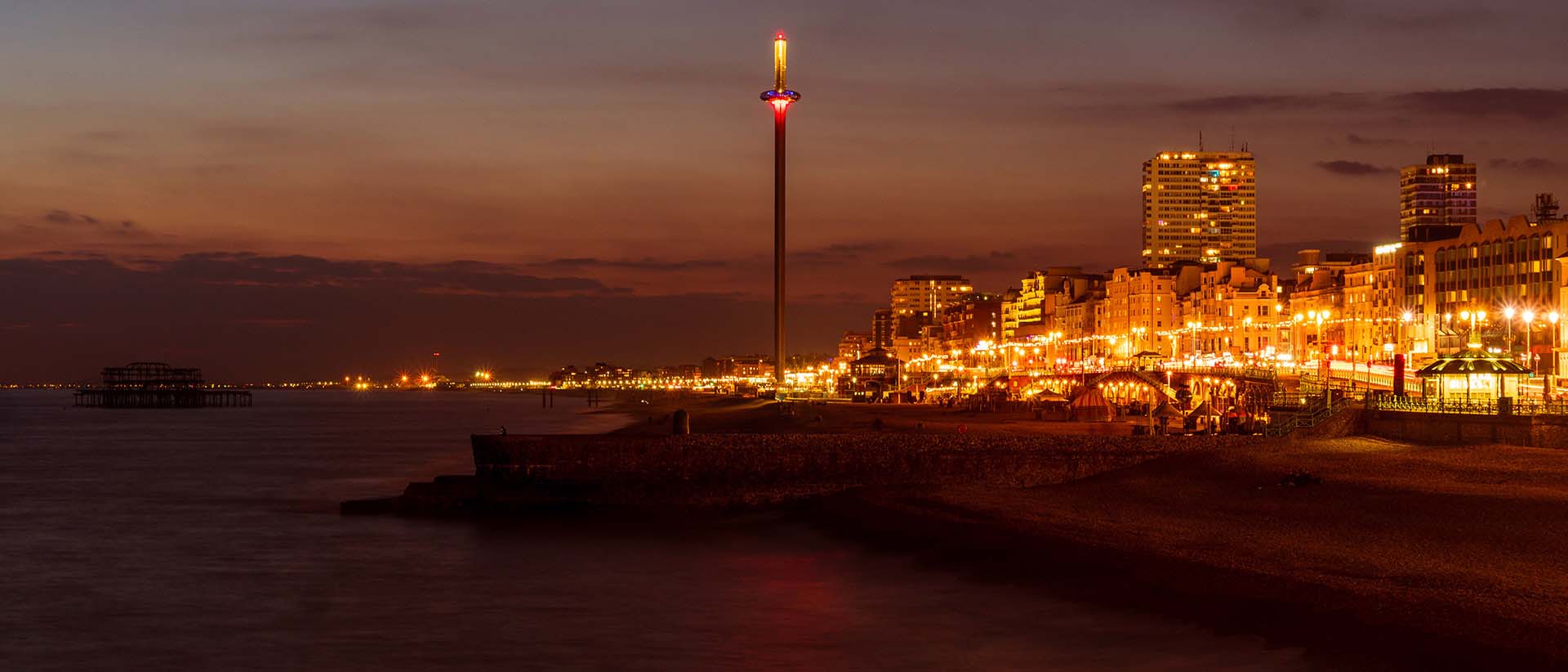Brighton seafront and the i360 at dusk